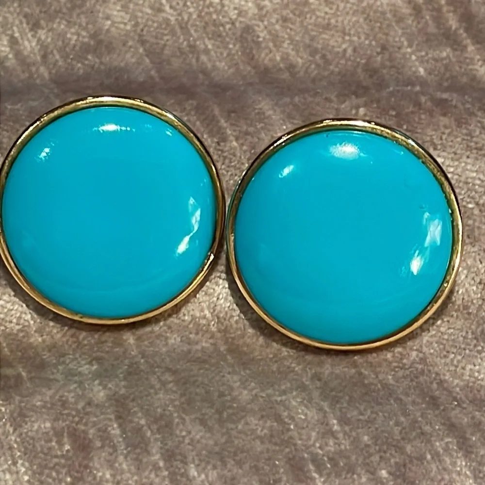 Blue & Gold Earrings Vintage 90’s Round Earrings 1” - Picture 2 of 4